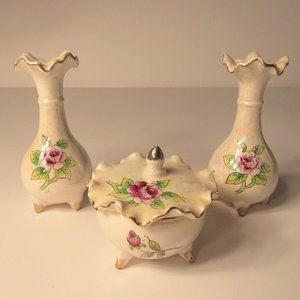 VINTAGE LIPPER & MANN LUSTRE LUSTERWARE VIOLET VASES AND TRINKET DISH W/LID #314